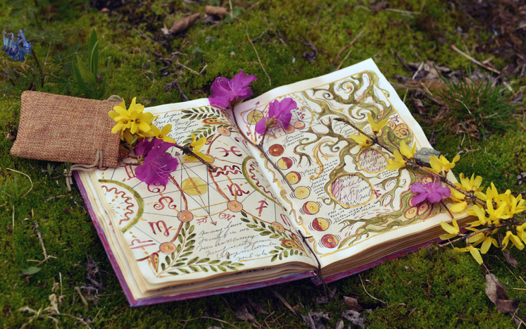 Witchcraft Book of Shadows with Flowers in the Garden